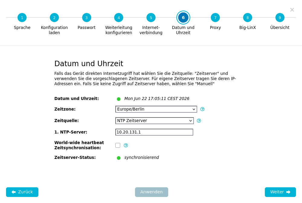 Konfigurations-Assistent — Schritt 6: Datum & Uhrzeit
